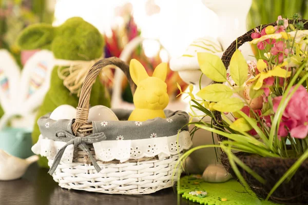 Easter Time Easter Decorations Shining Wooden Table Easter Bunny Easter — Stock Photo, Image