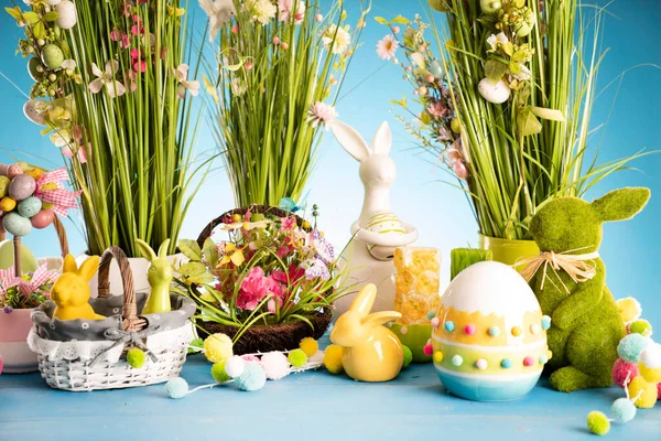 Easter Time Easter Decorations Blue Painted Wooden Table Easter Bunny — Stock Photo, Image