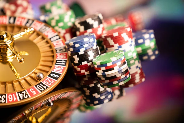 Tema Casino Juegos Azar Ruleta Fichas Póquer Fondo Bokeh Colorido — Foto de Stock