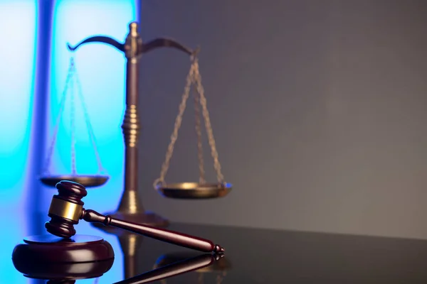 Lawyer Office Law Symbols Composition Judges Gavel Scale Blue Light — стоковое фото