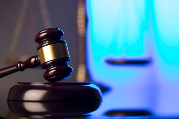 Lawyer Office Law Symbols Composition Judges Gavel Scale Blue Light —  Fotos de Stock