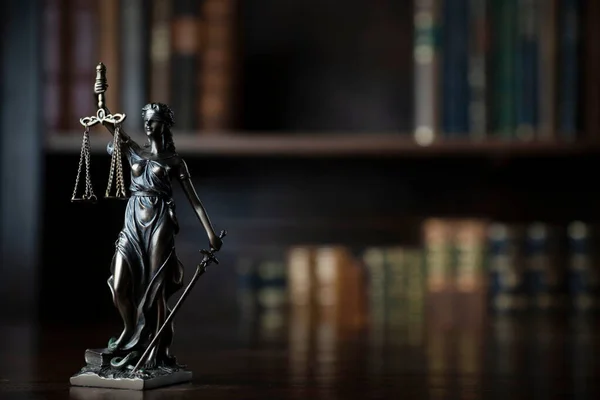 Judge Office Themis Statue Judge Desk Book Shelf Background — Stock Fotó