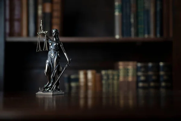 Judge Office Themis Statue Judge Desk Book Shelf Background — 스톡 사진