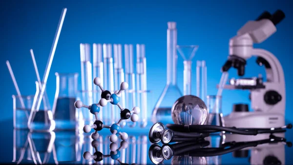 Laboratory Investigations Test Medicine Covid Microscope Shethoscope Glass Tubes Beakers — Stock Photo, Image
