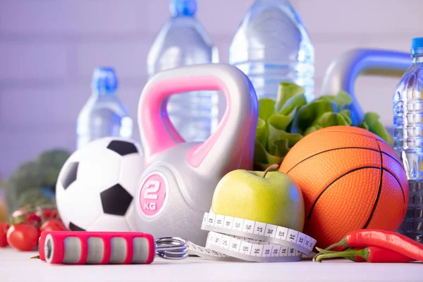 Conceito Aptidão Nutrição Saudável Frutas Legumes Equipamento Para Exercícios Fitness — Fotografia de Stock