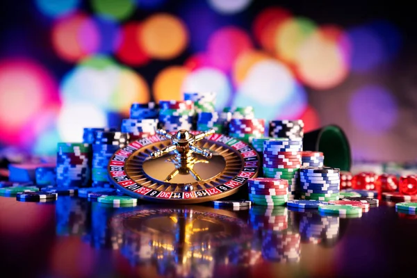 Casino Theme Roulette Wheel Poker Chips Colorful Bokeh Background — 图库照片