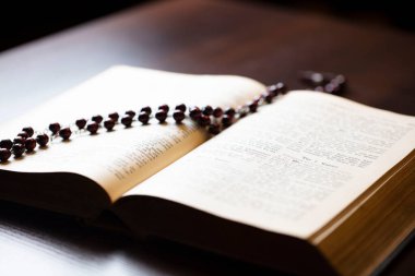 Hıristiyanlık temalı dua. İncil 'i olan Hristiyan bir kadın ellerini çapraz tutarak dua ediyor..
