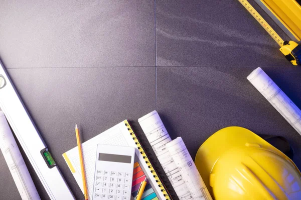 Contractor Theme Plans Notebook Tool Kit Contractor Yellow Hardhat Libella — ストック写真