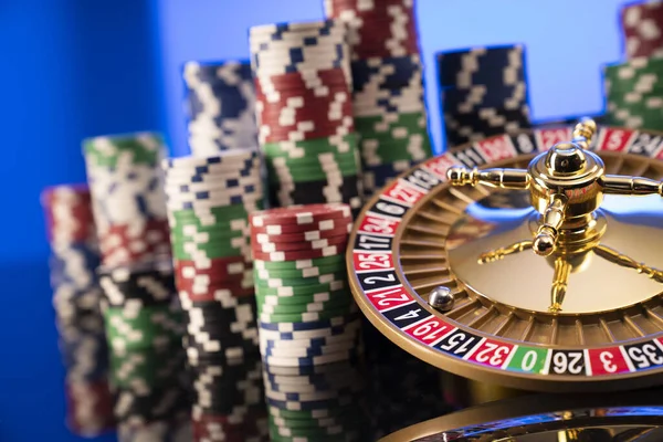 Casino Gambling Games Theme Roulette Wheel Dice Poker Chips Blue — Stock Fotó