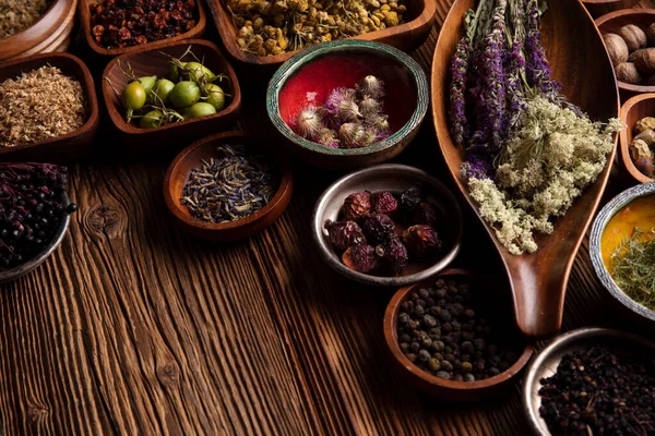 Natural Medicine Background Assorted Dry Herbs Bowls Mortar Plants Rustic — Stock Fotó