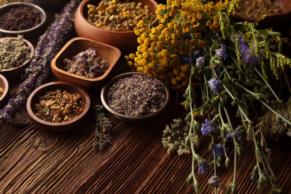 Natural Medicine Background Assorted Dry Herbs Bowls Mortar Plants Rustic —  Fotos de Stock