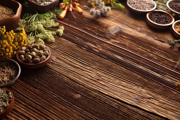 Natural Medicine Background Assorted Dry Herbs Bowls Mortar Plants Rustic — Foto de Stock