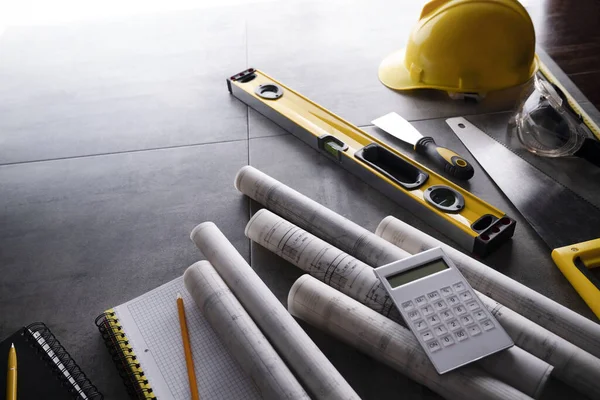 Contractor Theme Plans Notebook Tool Kit Contractor Yellow Hardhat Libella — Zdjęcie stockowe