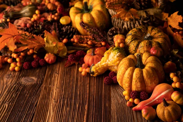 Autumn composition on a rustic wooden background. Decorative pumpkins, various leaves, pine cones, nuts. Orange, yellow, red  and brown aesthetics.