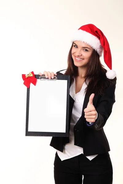 Mulher bonita em boné Papai Noel — Fotografia de Stock