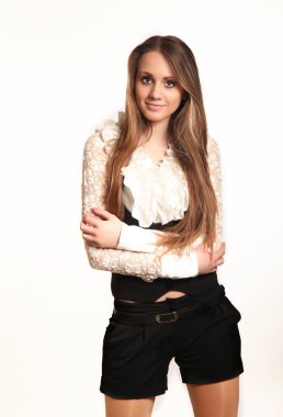 neşeli bussines gülümseyen kadın kolları ile geçti.