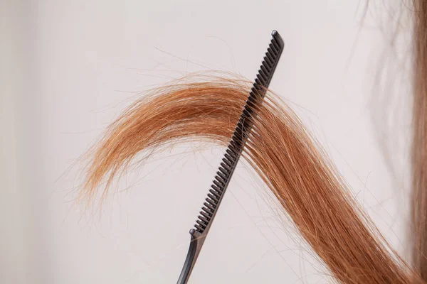 Mujer sobre un fondo blanco con un peine para el cabello, el problema del cabello — Foto de Stock