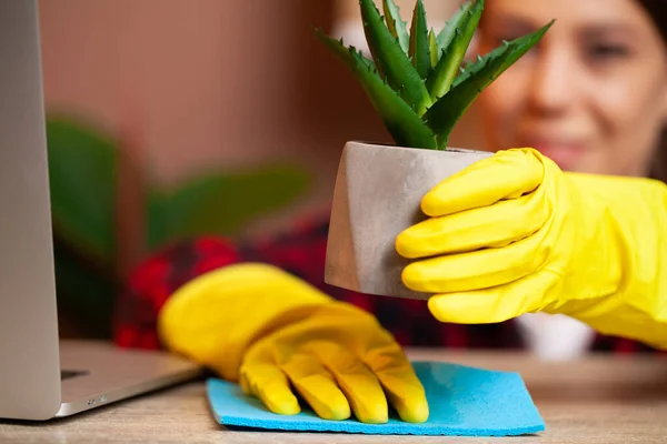 Smiling pretty woman cleans the office at her home — Stock Photo, Image