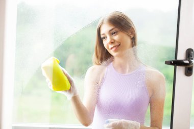mutlu genç kadın ev hanımı bir pencere yıkar