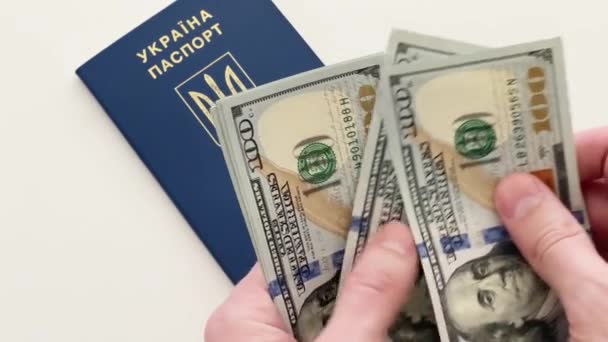 Ukrainskt pass och pengar, biometriskt pass för en medborgare i Ukraina och dollar. — Stockvideo