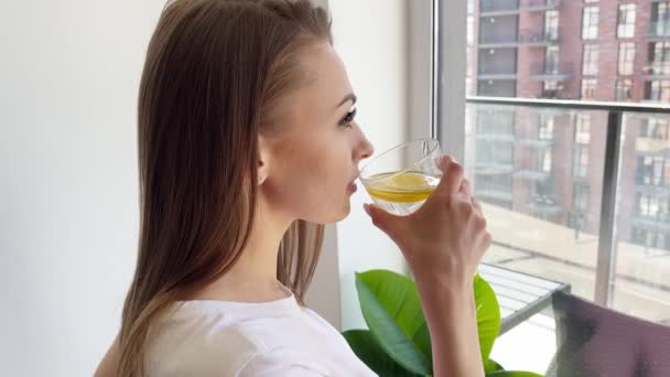 Mince Jeune Femme Boire Eau Désintoxication Citron Ralenti Appréciant Goût — Video