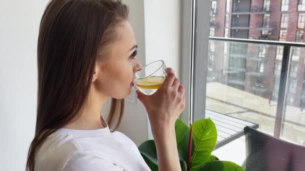 Νεαρή Γυναίκα Πίνει Νερό Αποτοξίνωσης Λεμονιού Αργή Κίνηση Απολαμβάνοντας Γεύση — Αρχείο Βίντεο