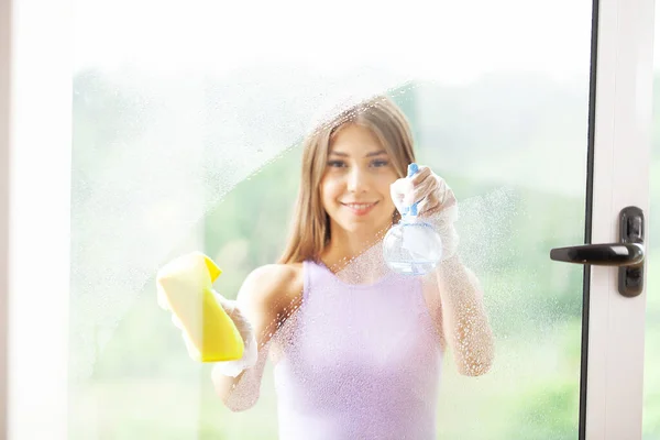 Young Smiling Woman Washing Window Sponge — Stock Photo, Image