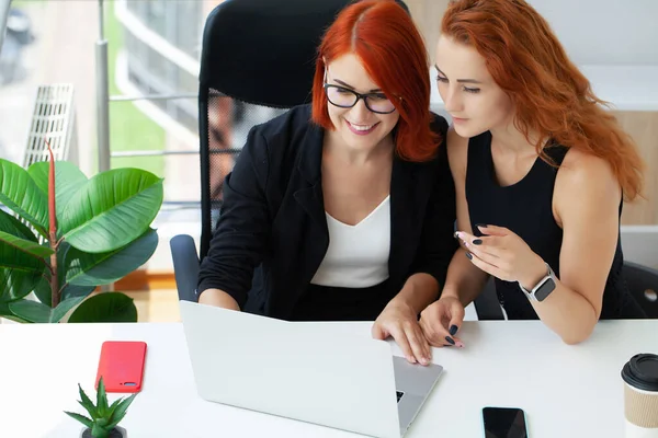 Two red-haired women work in the office at the table on a joint project.