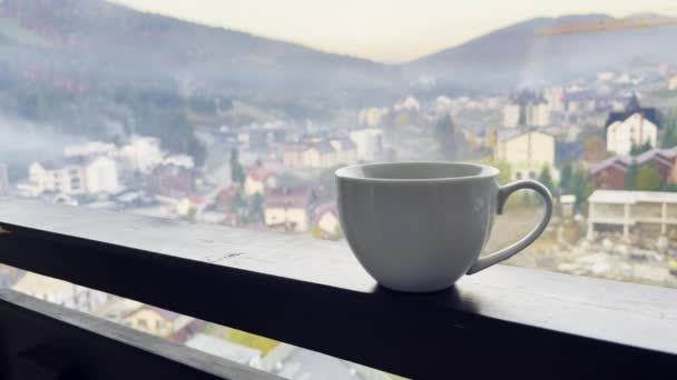 早上的咖啡时间 木头台地上缓慢的生活 — 图库视频影像