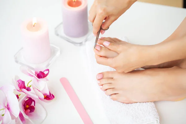 Cheerful Girl Doing Nails Making Pedicure Sitting Bed Indoor — Stock Photo, Image