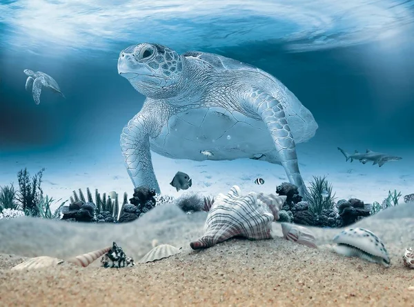 Tortuga Carey Está Nadando Laguna Tropical — Foto de Stock