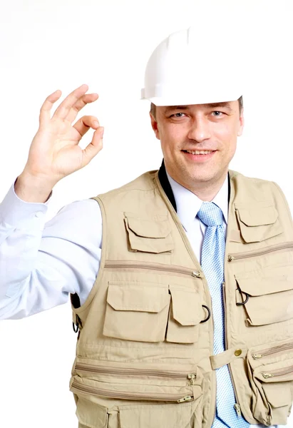 Hombre fresco que trabaja en el casco de construcción — Foto de Stock