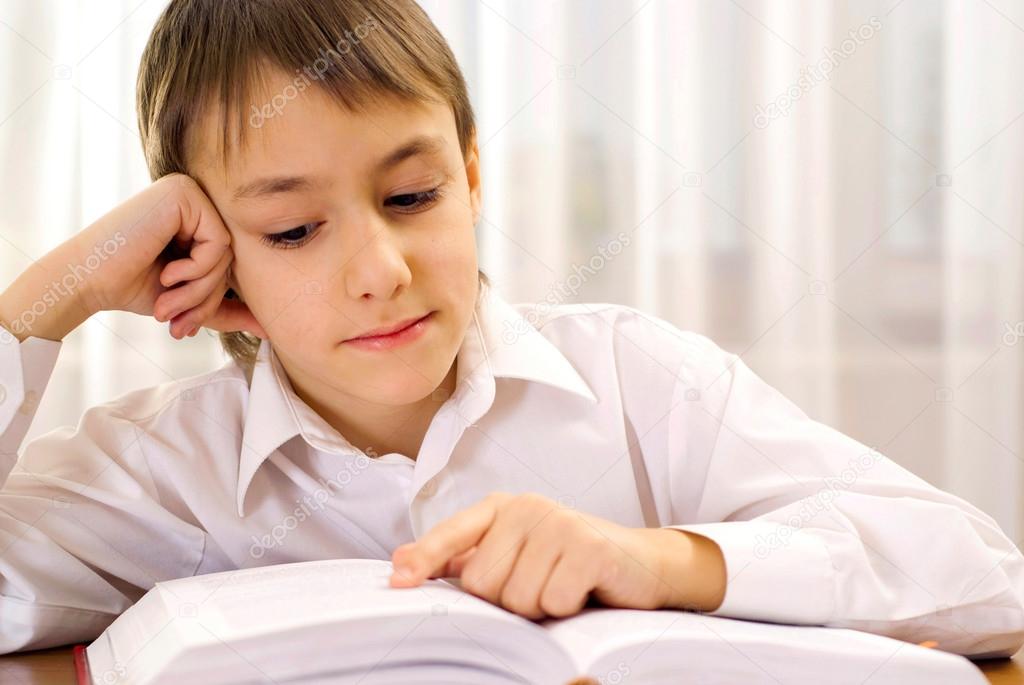 Clever boy learns lessons at home Stock Photo by ©aletia 12829776