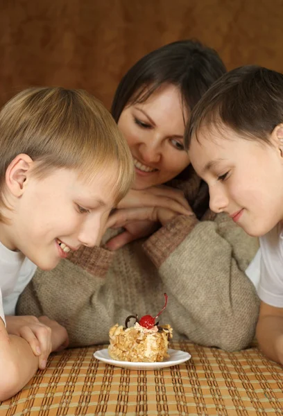 Beautiful Caucasian mother with her sons sitting — Stock Photo, Image