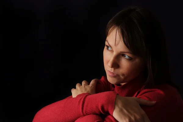 Happy sad Caucasian female sitting — Stock Photo, Image