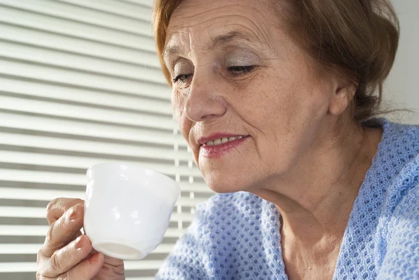 Pretty Caucasian aged woman sitting — Stock Photo, Image