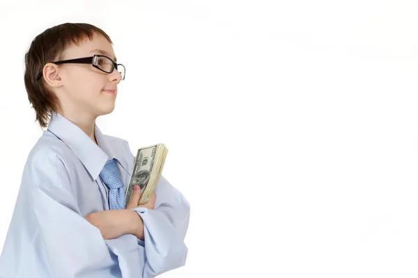 A young Caucasian happy business man holding money in his hands — Stock Photo, Image