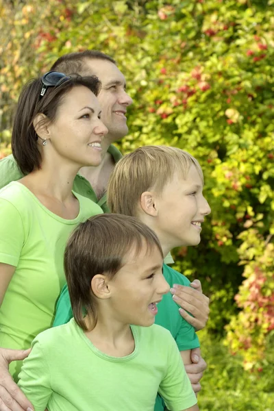 Glückliche Familie in grünen Hemden — Stockfoto