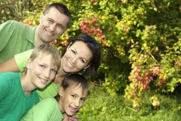 Happy family in green shirts — Stock Photo, Image