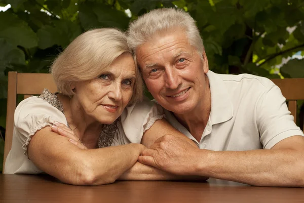 Interessante bejaarde echtpaar zittend op de veranda — Stockfoto