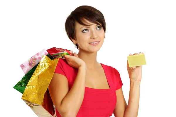 Thinking girl acquired gifts — Stock Photo, Image