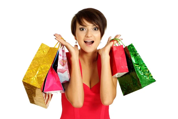 Surprised girl acquired gifts — Stock Photo, Image