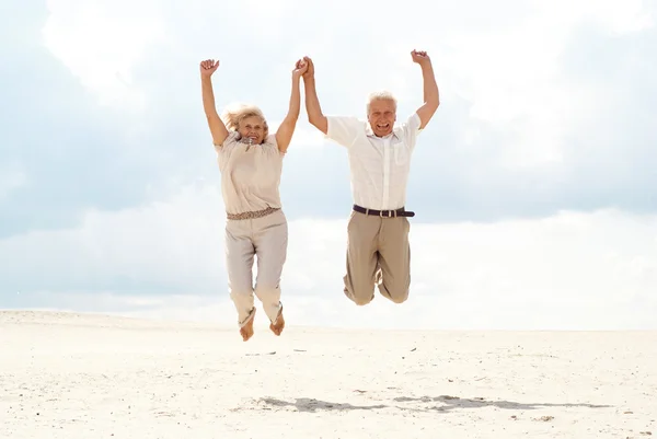 Great elderly couple enjoy the sea breeze