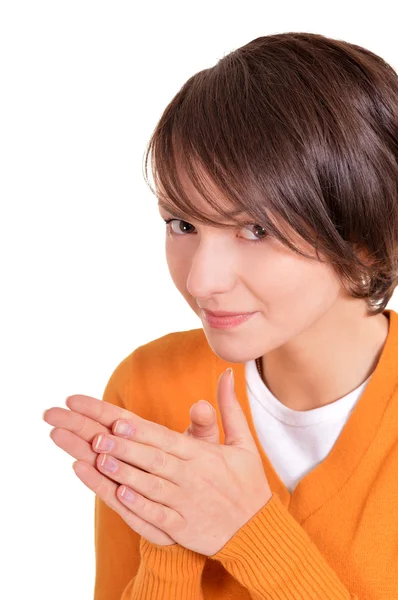 Chica en naranja sobre un blanco — Foto de Stock