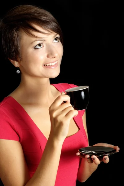 Attractive girl in coral dress — Stock Photo, Image