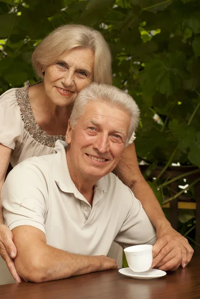 Soberbo casal mais velho sentado na varanda — Fotografia de Stock