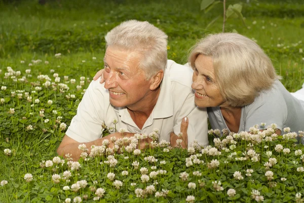 Thoughtful old couple in the middle of the lawn — Stock Photo, Image