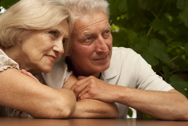 Nachdenkliches älteres Paar sitzt auf der Veranda — Stockfoto