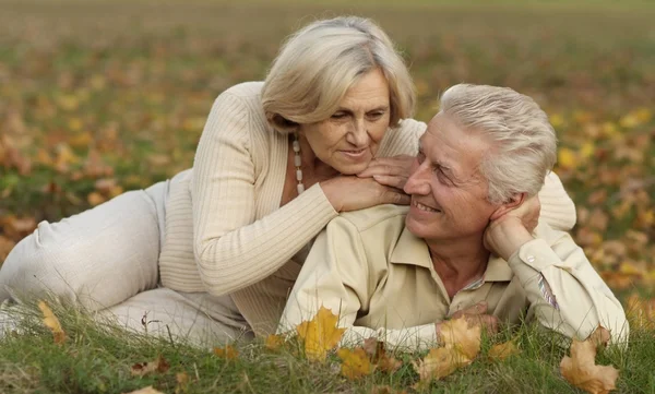 Happy old couple posing at autumn park — Stock Photo, Image