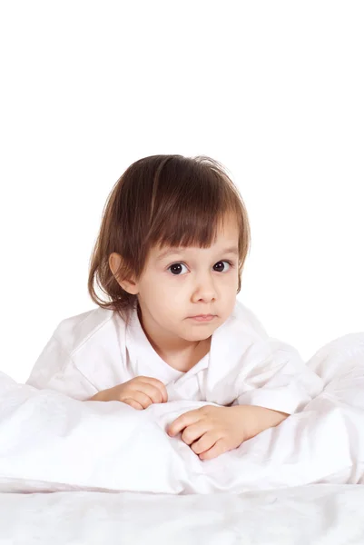 Happy Caucasian young girl in bed — Stock Photo, Image